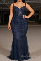 Navy Blue A Line Spaghetti Straps Prom Dress with Appliques