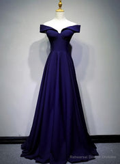 Navy Blue A-line Spandex Long Prom Dress, Off Shoulder Bridesmaid Dress