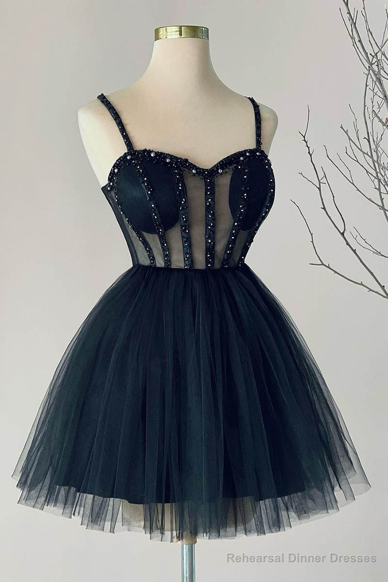Navy Blue A line Sweetheart Tulle Beads Short Homecoming Dress Party Gown Main image