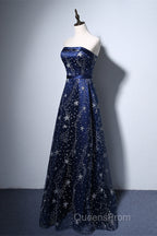 Navy Blue A-Line Tulle Long Evening Dress, Navy Blue Evening Prom Dress