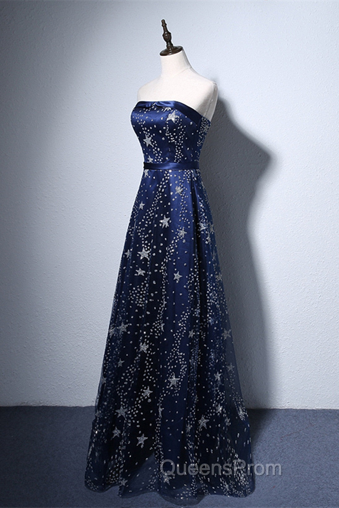 Navy Blue A-Line Tulle Long Evening Dress, Navy Blue Evening Prom Dress