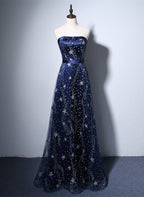 Navy Blue A-Line Tulle Long Classy Evening Dress, Navy Blue Classy Prom Dress