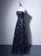 Navy Blue A-Line Tulle Long Classy Evening Dress, Navy Blue Classy Prom Dress