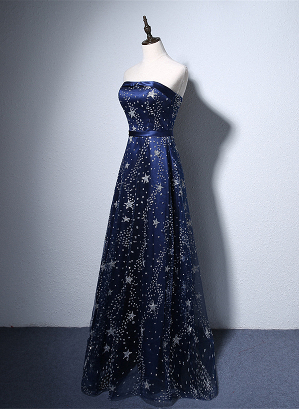 Navy Blue A-Line Tulle Long Classy Evening Dress, Navy Blue Classy Prom Dress