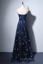 Navy Blue A-Line Tulle Long Evening Dress, Navy Blue Evening Prom Dress