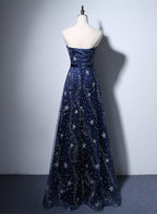 Navy Blue A-Line Tulle Long Classy Evening Dress, Navy Blue Classy Prom Dress