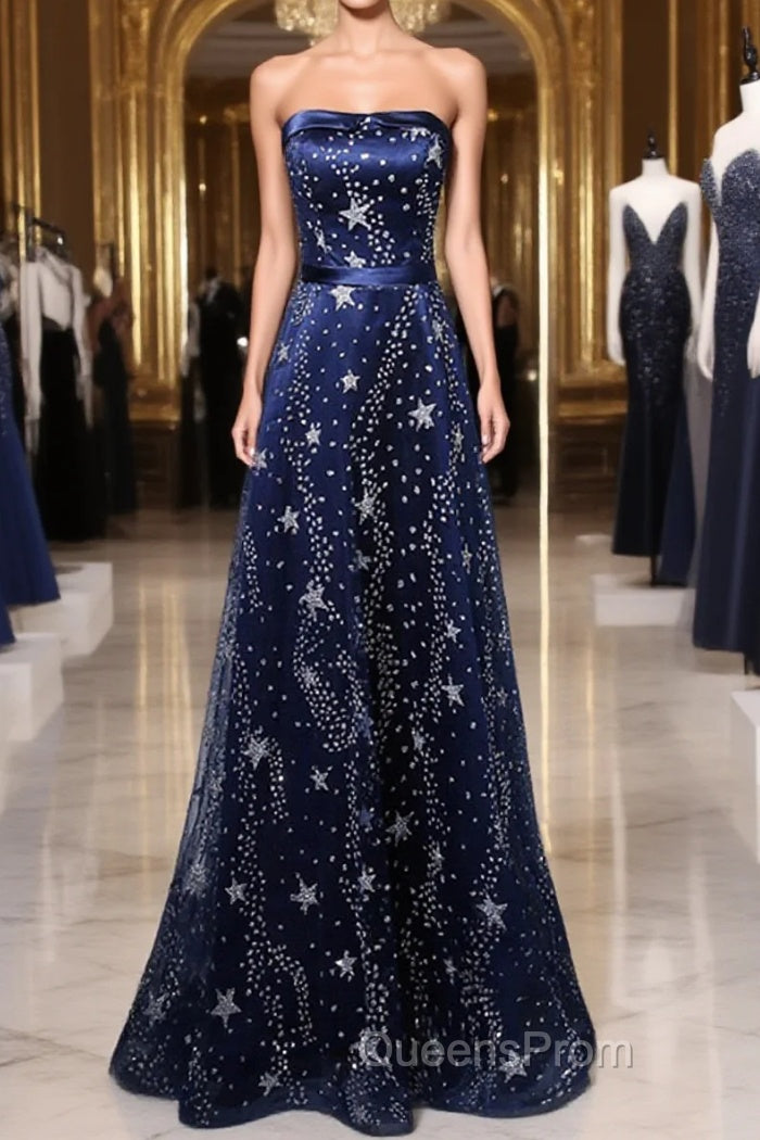 Navy Blue A-Line Tulle Long Evening Dress, Navy Blue Evening Prom Dress Main image