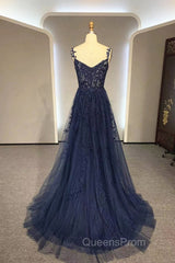 Navy Blue A-Line Tulle With Lace Evening Prom Dress, Navy Blue Long Party Dress