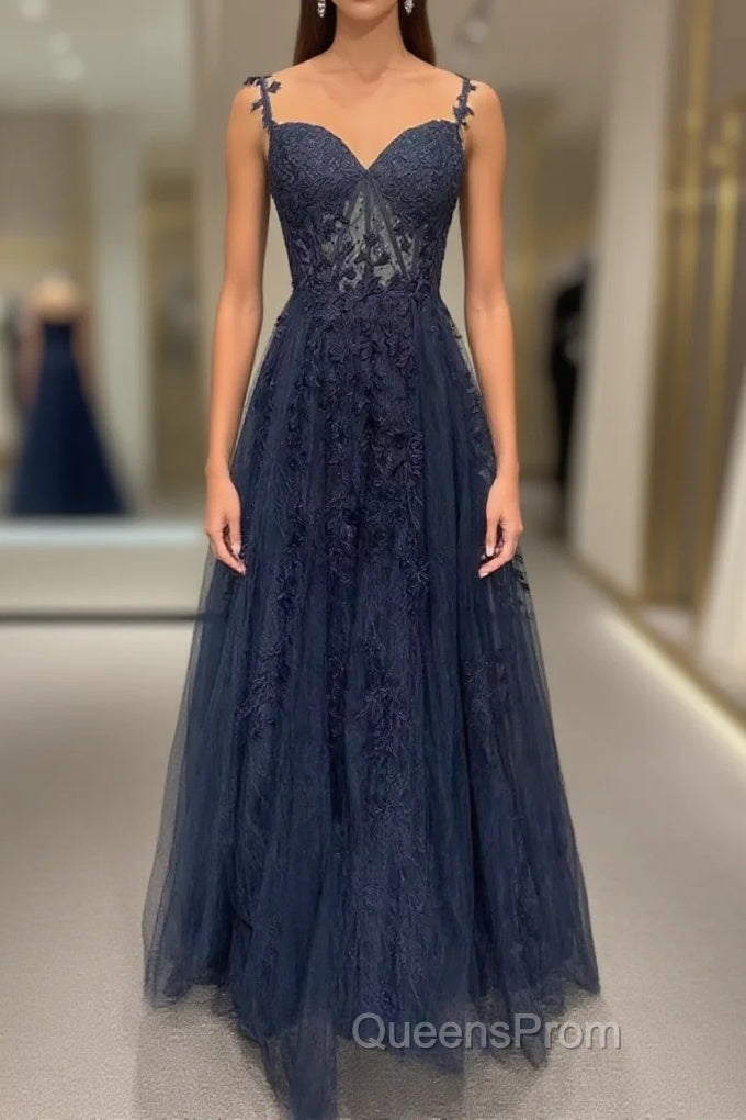 Navy Blue A-Line Tulle With Lace Evening Prom Dress, Navy Blue Long Party Dress Main image