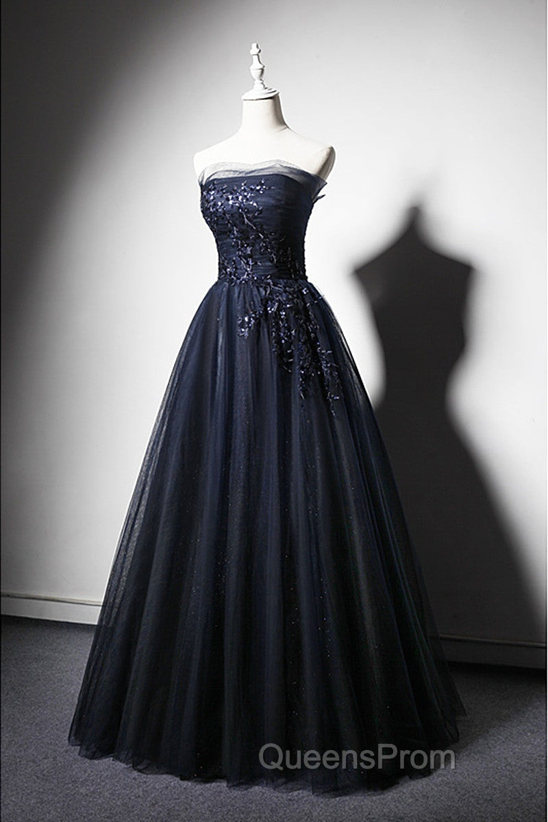 Navy Blue A-Line Tulle With Lace Scoop Long Evening Prom Dress, Navy Blue Evening Dress Secondary image