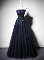 Navy Blue A-Line Tulle With Lace Scoop Long Classy Prom Dress, Navy Blue Classy Evening Dress