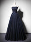 Navy Blue A-Line Tulle With Lace Scoop Long Classy Prom Dress, Navy Blue Classy Evening Dress