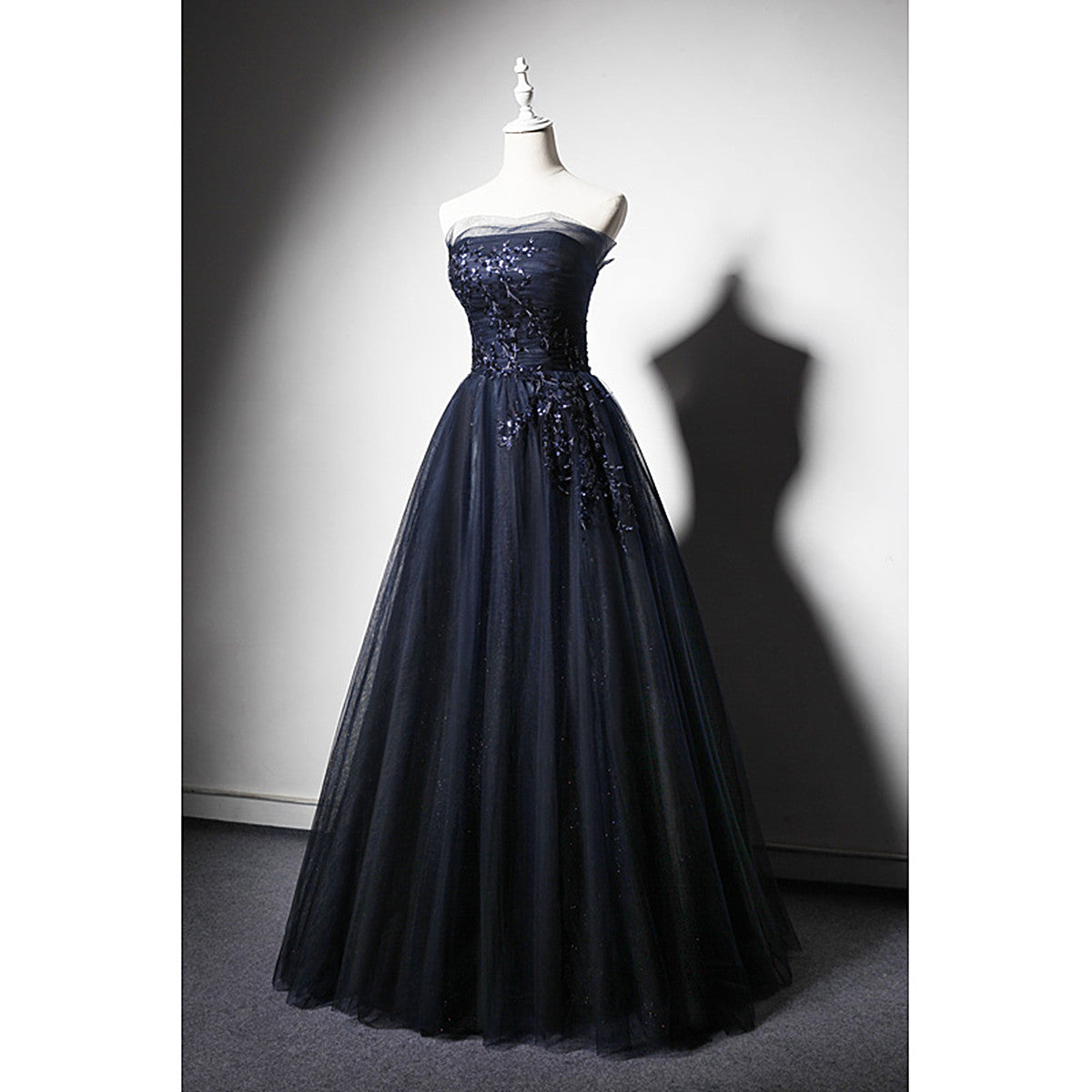 Navy Blue A-Line Tulle With Lace Scoop Long Classy Prom Dress, Navy Blue Classy Evening Dress Secondary image