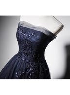 Navy Blue A-Line Tulle With Lace Scoop Long Classy Prom Dress, Navy Blue Classy Evening Dress
