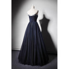 Navy Blue A-Line Tulle With Lace Scoop Long Classy Prom Dress, Navy Blue Classy Evening Dress