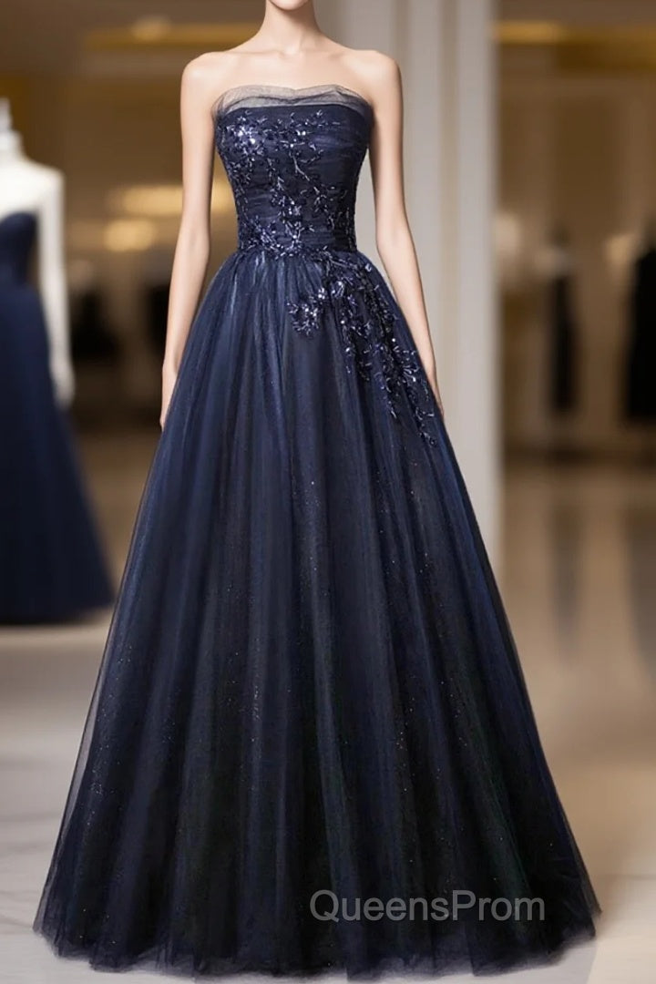 Navy Blue A-Line Tulle With Lace Scoop Long Evening Prom Dress, Navy Blue Evening Dress Main image