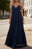 Navy Blue A-line V Neck Sleeveless Floor-Length Chiffon Prom Dress Long Prom Dresses Backless with Pleated Ruffles