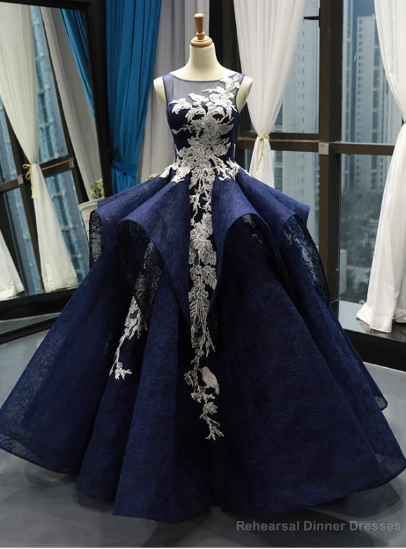 Navy Blue Ball Gown Lace White Lace Appliques Backless Prom Dress Main image