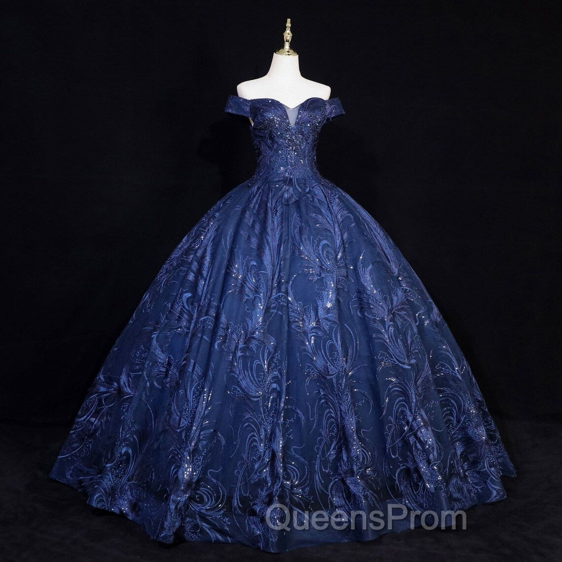 Navy Blue Ball Gown Long Formal Dress, Off Shoulder Navy Blue Party Dress