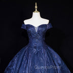 Navy Blue Ball Gown Long Formal Dress, Off Shoulder Navy Blue Party Dress