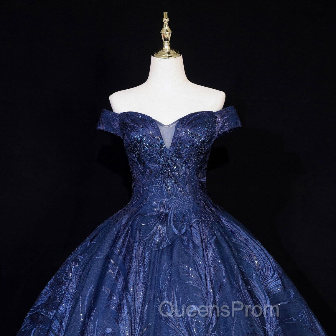 Navy Blue Ball Gown Long Formal Dress, Off Shoulder Navy Blue Party Dress