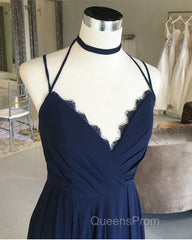 Navy Blue Chiffon Backless Bridesmaid Long Dress Lace Appliques