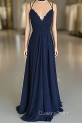 Navy Blue Chiffon Backless Bridesmaid Long Dress Lace Appliques