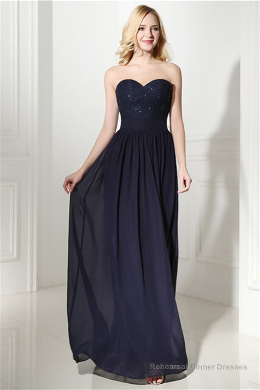 Navy Blue Chiffon Sweetheart Lace Beading Prom Dresses Main image