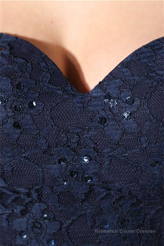 Navy Blue Chiffon Sweetheart Lace Beading Prom Dresses