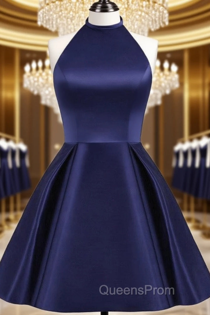 Navy Blue Cute Halter Satin Short Homecoming Dress, Blue Evening Prom Dress Party Dress Main image