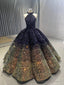 Navy Blue Gold Sequins Halter Prom Dress
