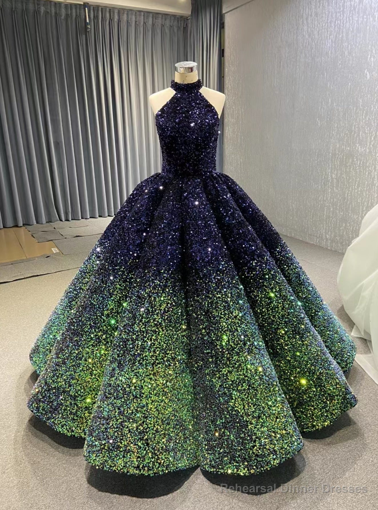 Navy Blue Green Sequins Halter Prom Dress Main image