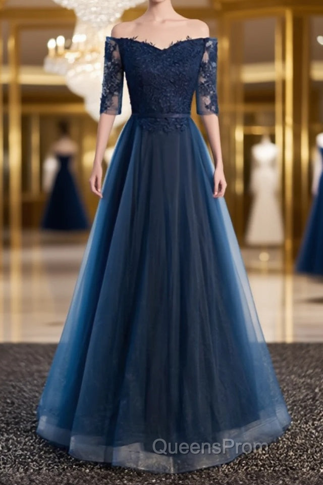 Navy Blue Half Sleeves Lace Long Evening Prom Dress, Navy Blue Lace Formal Dress Main image