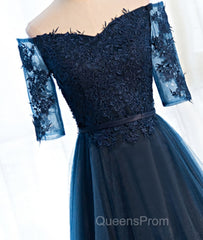 Navy Blue Half Sleeves Lace Long Evening Prom Dress, Navy Blue Lace Formal Dress