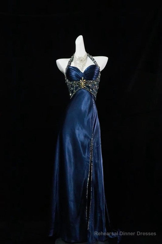 Navy Blue Halter Beaded Prom Dress Long Evening Dress Secondary image