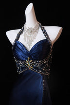 Navy Blue Halter Beaded Classy Prom Dress Long Classy Evening Dress