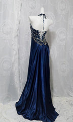 Navy Blue Halter Beaded Classy Prom Dress Long Classy Evening Dress