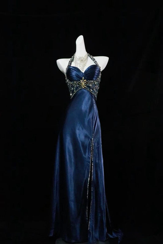 Navy Blue Halter Beaded Classy Prom Dress Long Classy Evening Dress Main image
