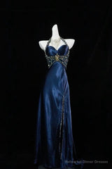 Navy Blue Halter Beaded Prom Dress Long Evening Dress