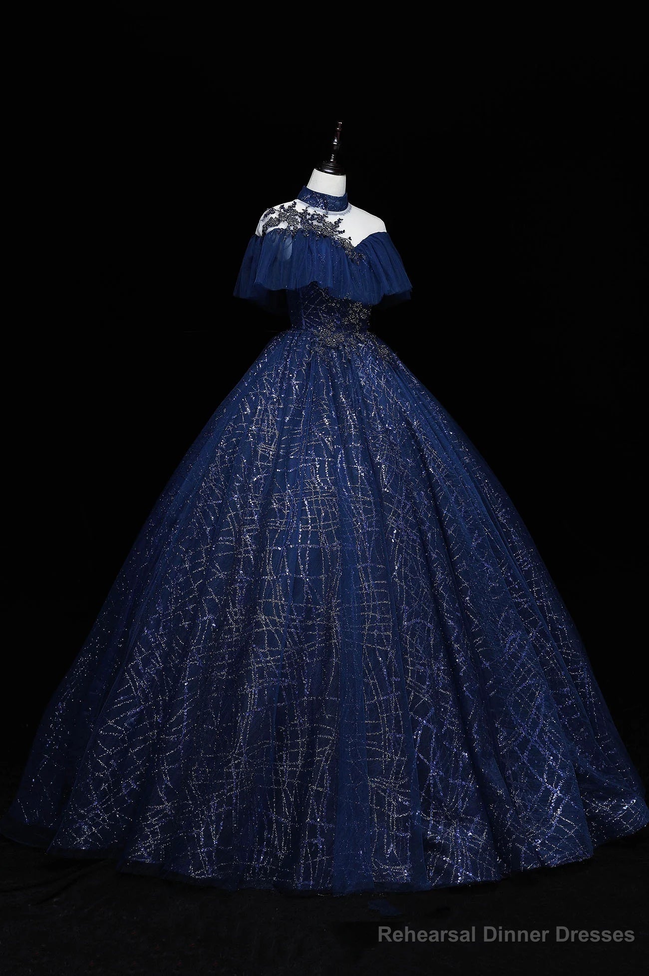 Navy Blue High Neckline Tulle with Lace Formal Dress, Navy Blue Ball Gown Sweet 16 Dress Main image