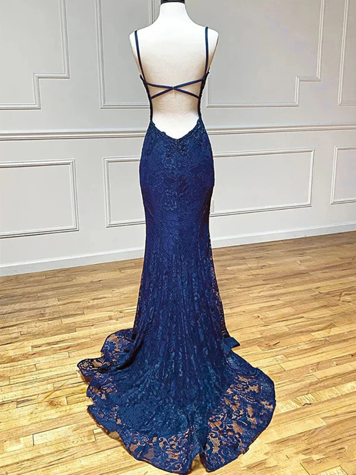 Navy Blue Lace Mermaid Straps Classy Prom Dress With Side Slit, Navy Blue Long Classy Evening Dress Secondary image