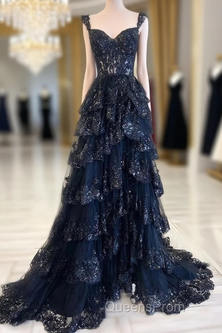 Navy Blue Lace And Tulle Sweetheart Long Formal Dress, Navy Blue Evening Prom Dress Main image