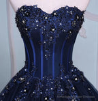 Navy Blue Lace Applique Tulle Long Party Dress, Blue Formal Gown