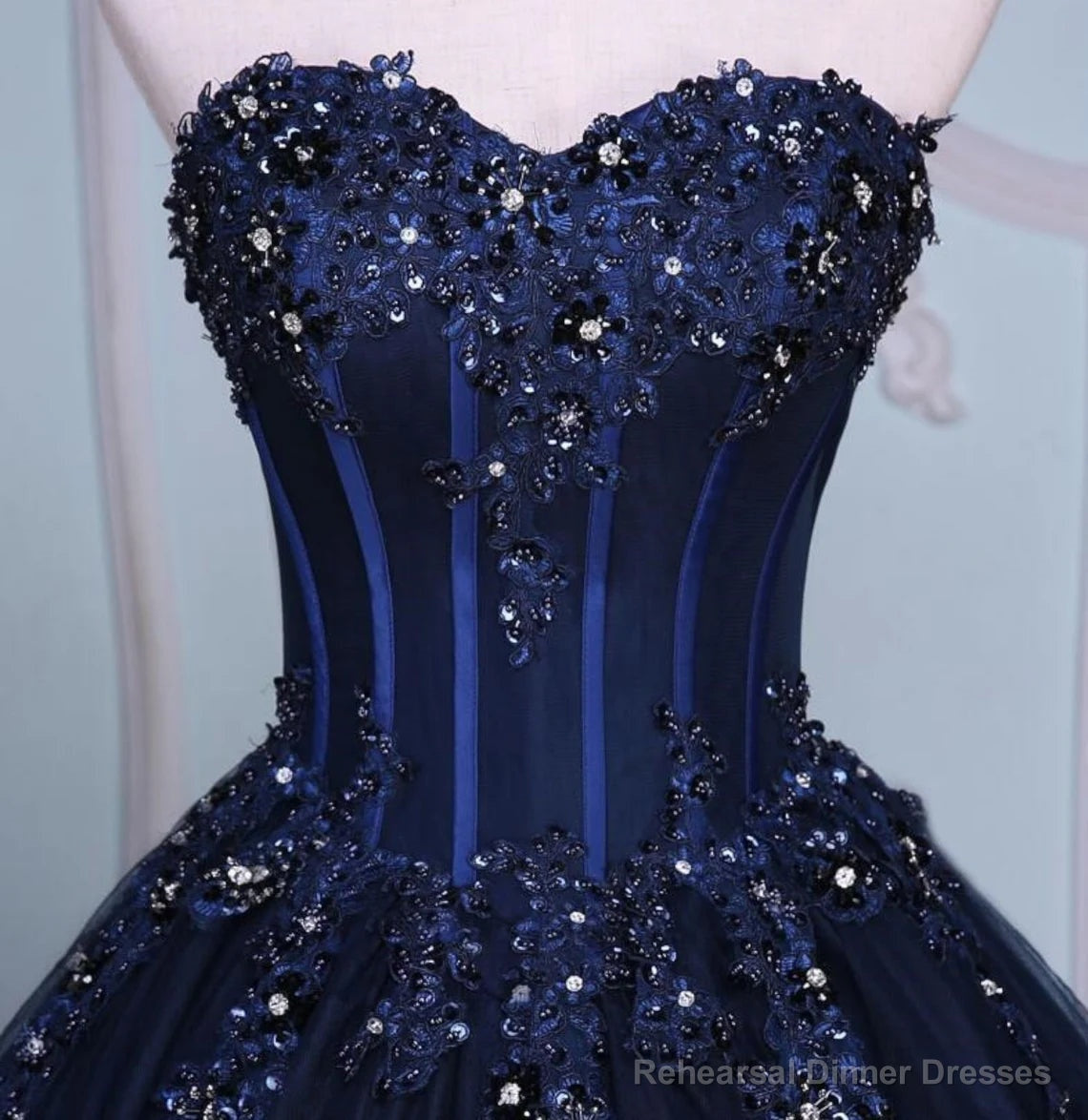 Navy Blue Lace Applique Tulle Long Party Dress, Blue Formal Gown
