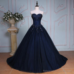 Navy Blue Lace Applique Tulle Long Party Dress, Blue Formal Gown