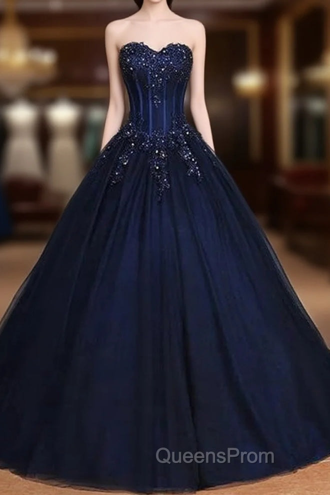 Navy Blue Lace Applique Tulle Long Party Dress Formal Gown Off Shoulder Floor Length Evening Prom Dress Main image