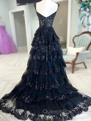 Navy Blue Lace Layered A Line Evening Prom Dress