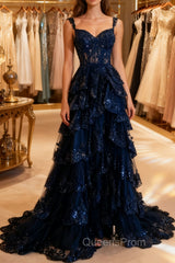 Navy Blue Lace Layered A Line Evening Prom Dress