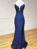 Navy Blue Lace Mermaid Straps Classy Prom Dress With Side Slit, Navy Blue Long Classy Evening Dress