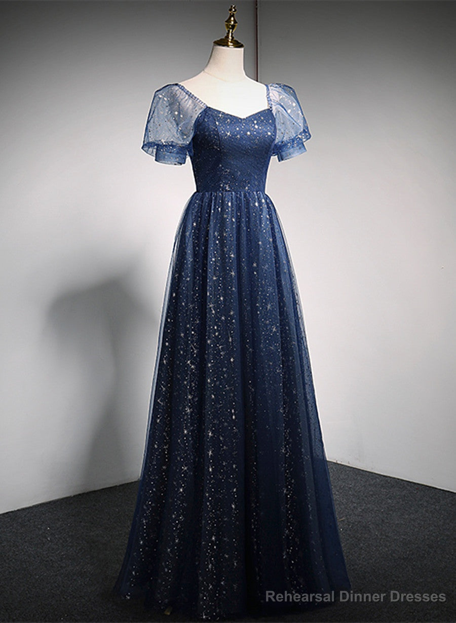 Navy Blue Long Off Shoulder A-line Prom Dress, Blue Formal Dress Main image